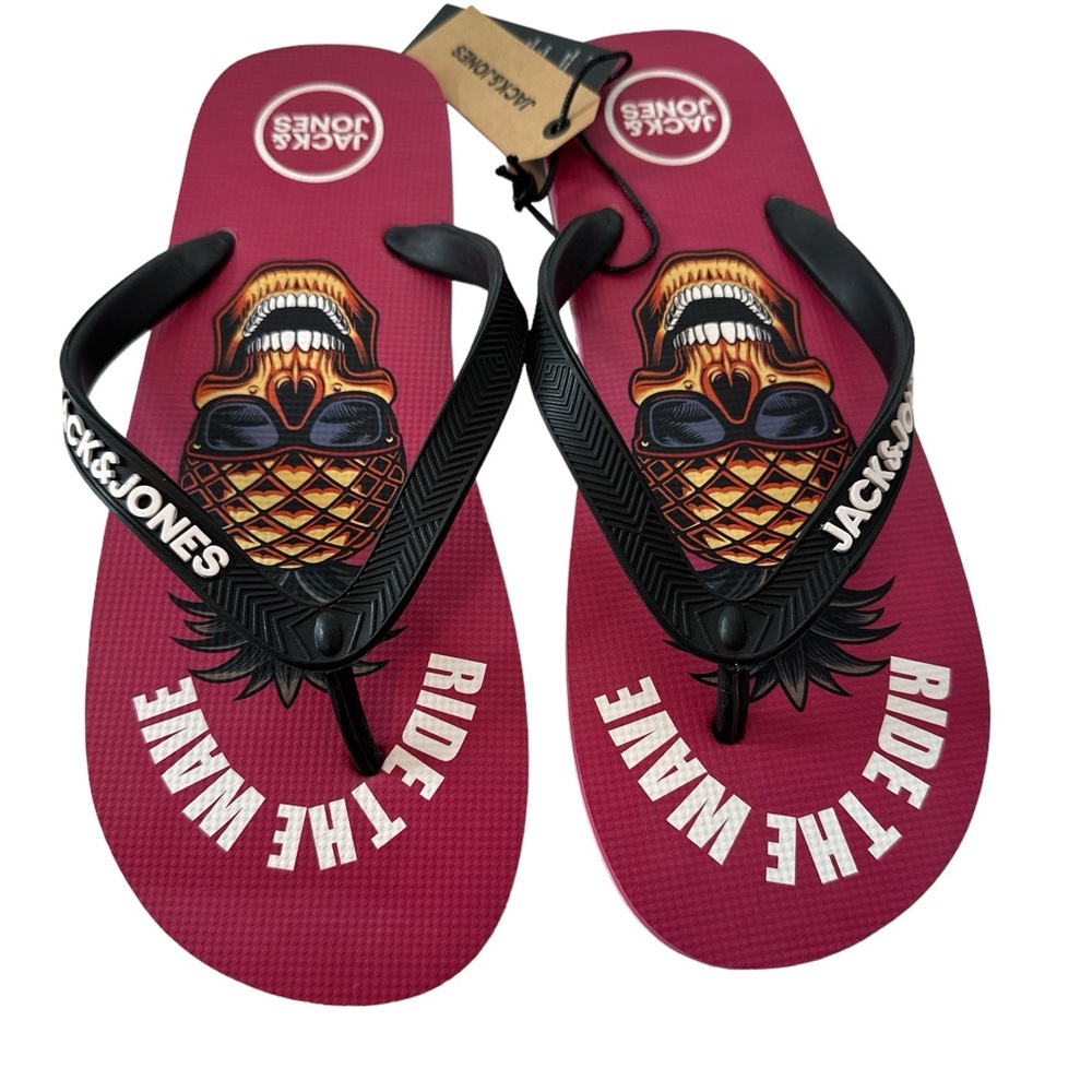 JACK & JONES Mens Logo Flip Flops Sandals Black Summer Beach Shoes Size 9/10 New